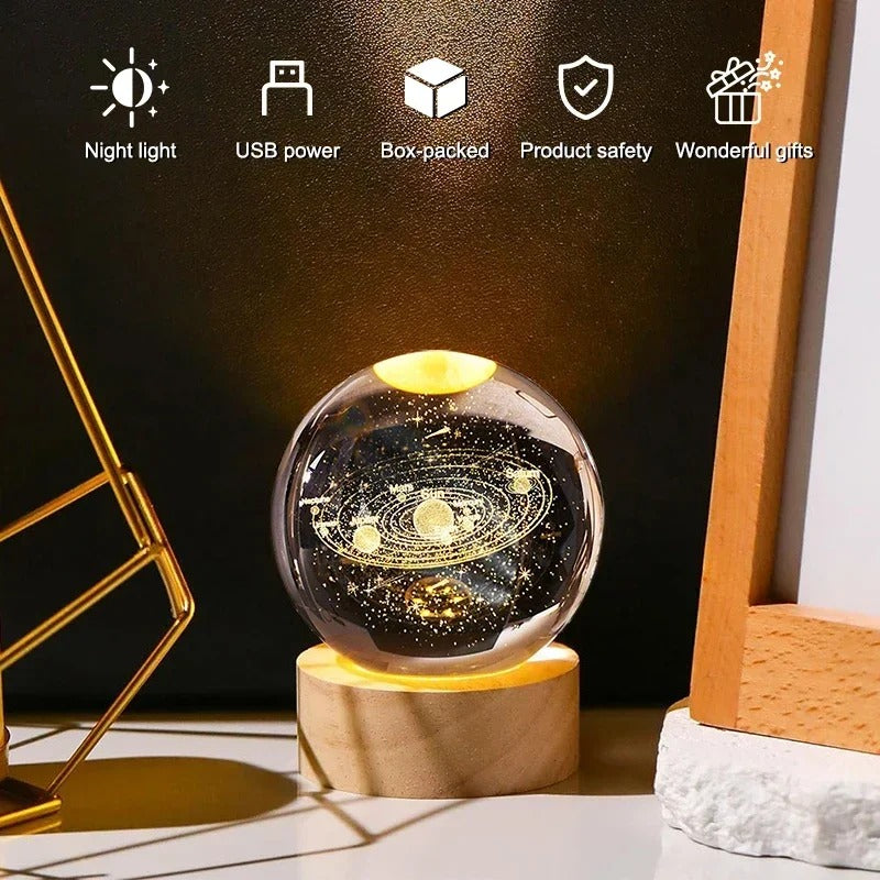 3D Galaxy Solar System Crystal Ball Night Light with Wooden Base