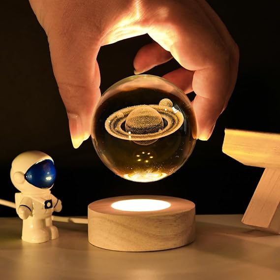 3D Galaxy Solar System Crystal Ball Night Light with Wooden Base