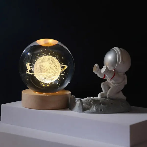 3D Galaxy Solar System Crystal Ball Night Light with Wooden Base