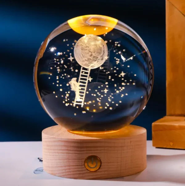 3D Galaxy Solar System Crystal Ball Night Light with Wooden Base