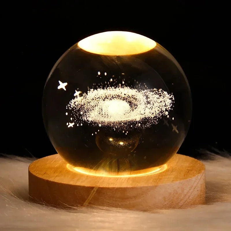 3D Galaxy Solar System Crystal Ball Night Light with Wooden Base