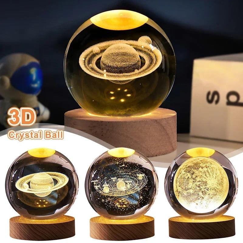 3D Galaxy Solar System Crystal Ball Night Light with Wooden Base