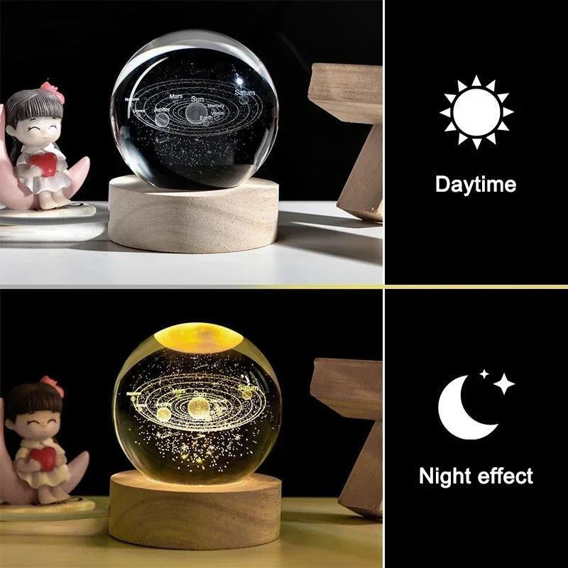 3D Galaxy Solar System Crystal Ball Night Light with Wooden Base